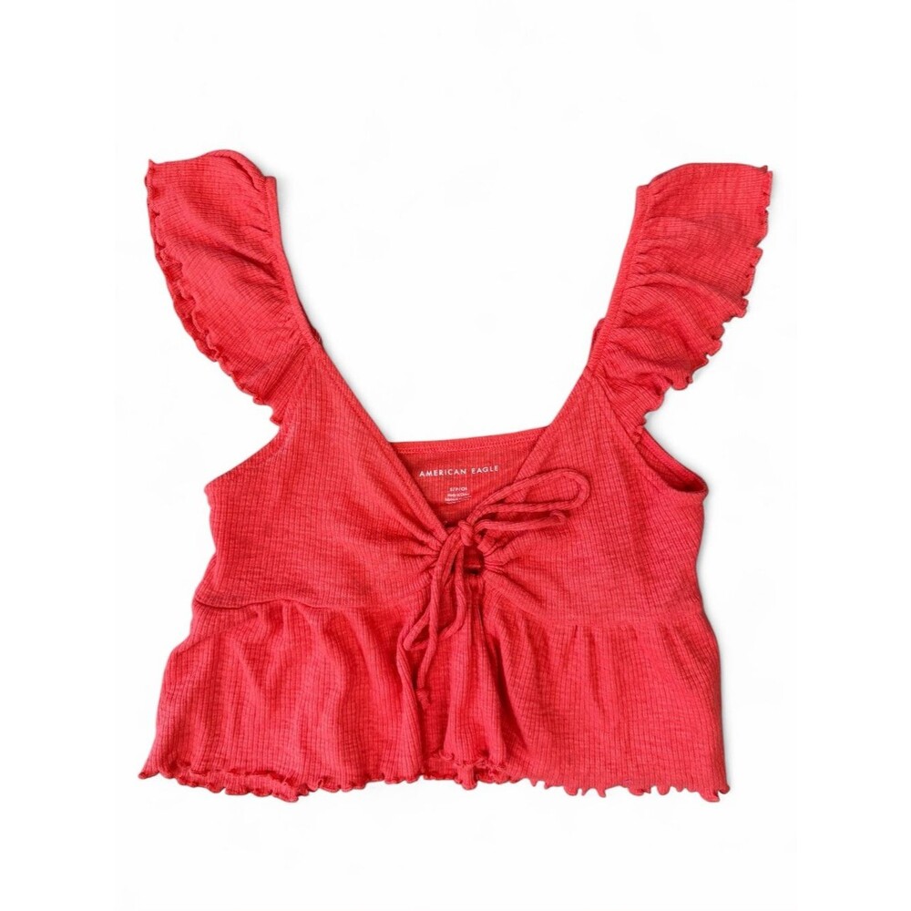 American Eagle Coral Ribbed Ruffle Tie Front Crop Top Size Small